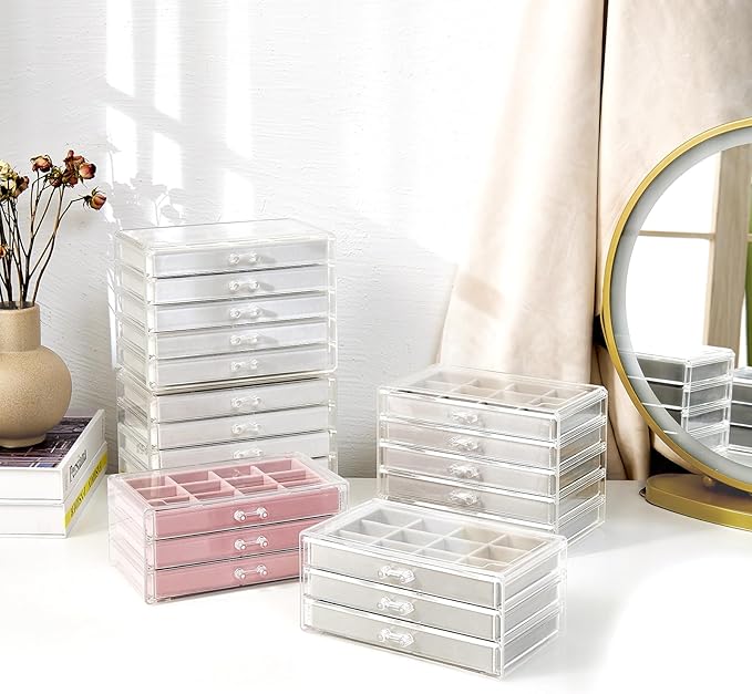 ProCase Earring Holder Organizer Jewelry Box with 3 Drawers, Acrylic Clear Earring Case with Adjustable Velvet Trays for Wome