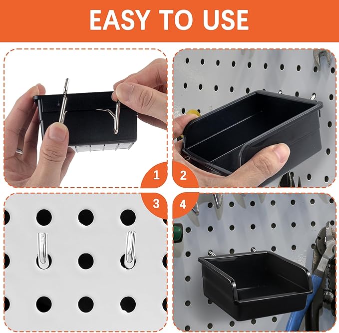 20 Pack Pegboard Bins With Metal Hooks, Black Pegboard Storage Bins, Pegboard Containers For Peg Board Organizing Accessories