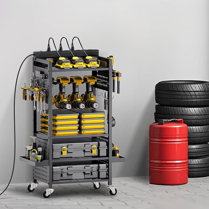 VEVOR 5-Tier Tool Organizer Cart with Charging Station, 8 AC Outlet, Floor Stand Rolling Drill Holder and Tool Battery Storag