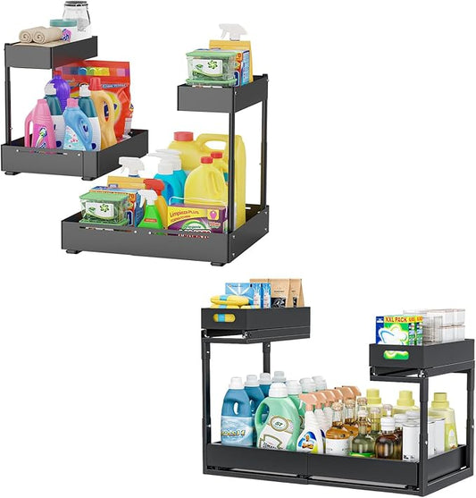 Insputer 2 Pack Under Sink Organizer Expandable Width 9.8"-15" & 2 Tier Under Sink Organizer with 3 Slide Rails, Under Cabine