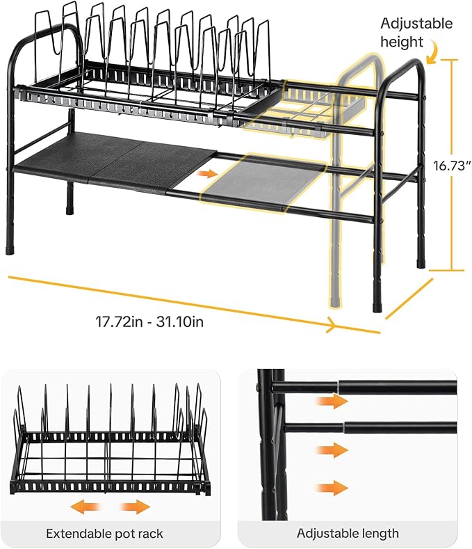HULISEN Pots and Pans Organizer Under Cabinet, Expandable 2-Tier Pots and Pans Lid Storage Rack Holder with 10 Dividers, Adjustable Height Under Sink Organizer, Maximize Kitchen Storage Space