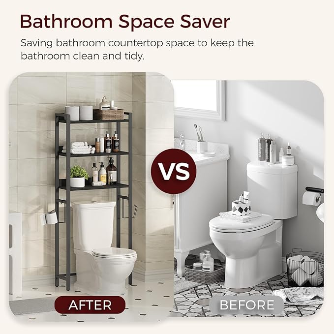 Over The Toilet Storage Rack, 3 Tier Bathroom Organizer Over Toilet, Freestanding Space Saver Toilet Stand with 2 Hooks, Bath