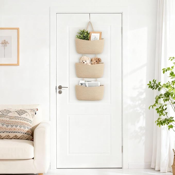 Dahey Over The Door Hanging Basket 3-Tier Woven Boho Wall Mounted Storage Organizer with Hooks for Bedroom Nursery Bathroom A