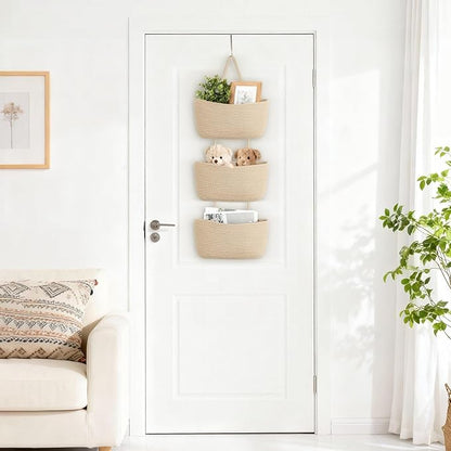 Dahey Over The Door Hanging Basket 3-Tier Woven Boho Wall Mounted Storage Organizer with Hooks for Bedroom Nursery Bathroom A