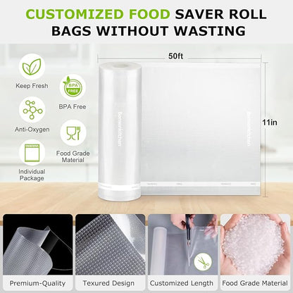 Bonsenkitchen Vacuum Sealer Bags, 11 in x 50 ft Rolls 2 Pack Seal Bags for Food Storage Saver, BPA Free, Commercial Grade Tex