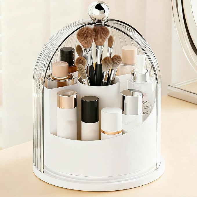 ONXE Makeup Brush Holder Organizer with Lid,360° Rotating Makeup Organizer Countertop,5 Compartments Make Up Brush Organizers