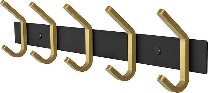 Coat Rack Wall Mount – Black and Gold Hook Rail with 5 Double Coat Hooks, 15 Inch Stainless Steel Wall Hooks for Entryway, Ba