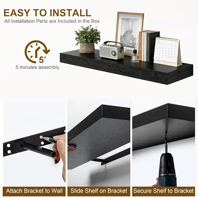 23.6 inch Black Floating Shelves Set of 2, Solid Wood Wall Mounted Shelves, Heavy Duty Display Storage Shelves for Bedroom, L