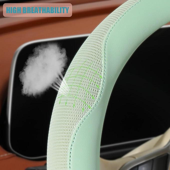 14 inch D Shaped Steering Wheel Cover for Prius Civic, Nappa Microfiber Leather Non-Slip Breathable Fabric, Warm in Winter an