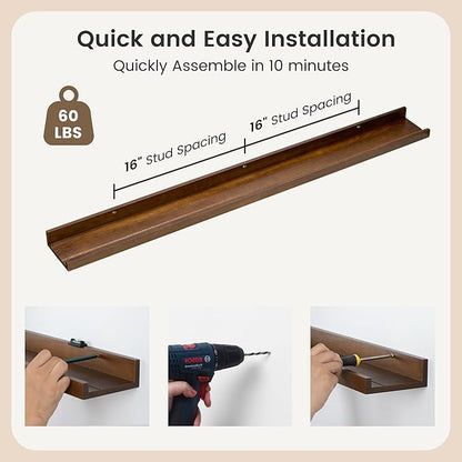 Picture Ledge Wall Shelves 48 inch Width Set of 2, Solid Pine Wood Rustic Floating Ledge Shelves for Wall for Kids' Room Bedr