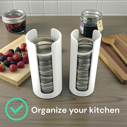 Mason Jar Lid Organizer | White Plastic Lid Storage Rack for Wide & Regular Mouth Mason Jars | Stackable Countertop & Cabinet Organizer | Fits Metal & Plastic Canning Lids