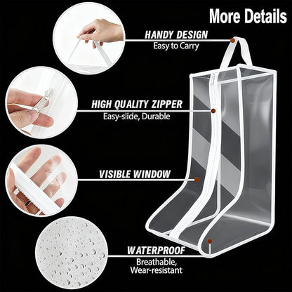 Clear Boot Bags for Cowboy Boots Tall Boot Storage Organizer with Handle Transparent Shoe Dust Covers for Travel Riding Leather & Snow Boots (White-4Big)