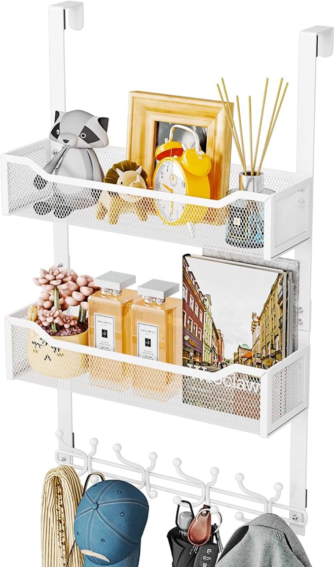 SWTYMIKI Over The Door Hook with 16 Hooks & 2 Mesh Baskets - Heavy Duty Over The Door Organizer Hanger for Towels, Coats, Clo