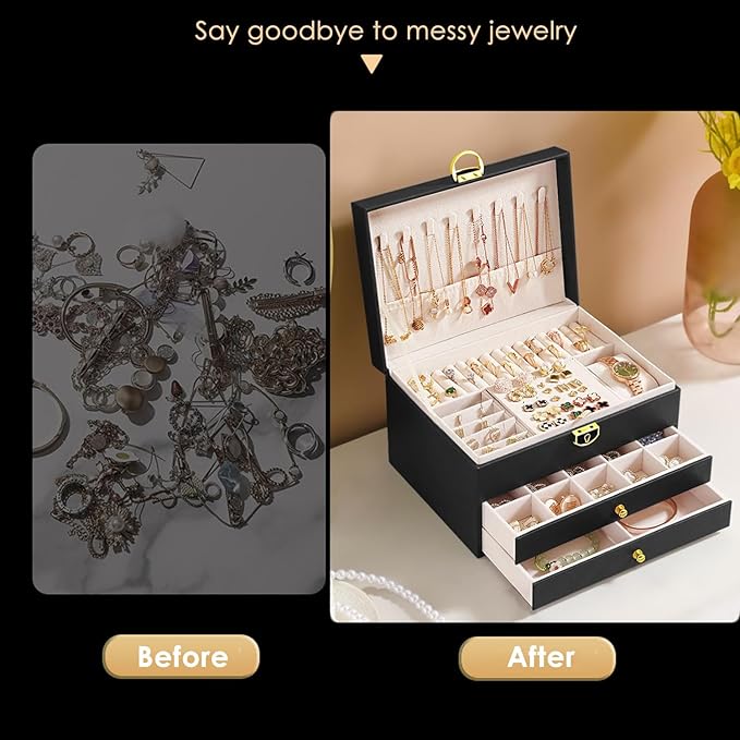 GUOER Jewelry Box for Women Girl Wife 3 Layers Large PU Leather Jewelry Organizer Storage Case with Two drawers Display for E