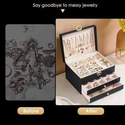 GUOER Jewelry Box for Women Girl Wife 3 Layers Large PU Leather Jewelry Organizer Storage Case with Two drawers Display for E