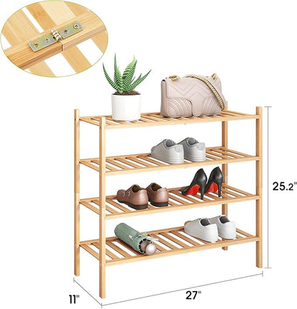 BMOSU 4-Tier Bamboo Shoe Rack Premium Stackable Shoe Shelf Storage Organizer for Hallway Closet Living Room Entryway Organize
