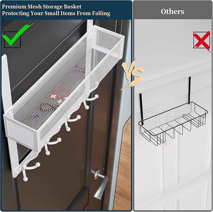 Consumest Over The Door Hooks Organizer - Door Hanger with Mesh Basket & 16 Coat Rack Hooks, Back Storage Organizer for Bedro