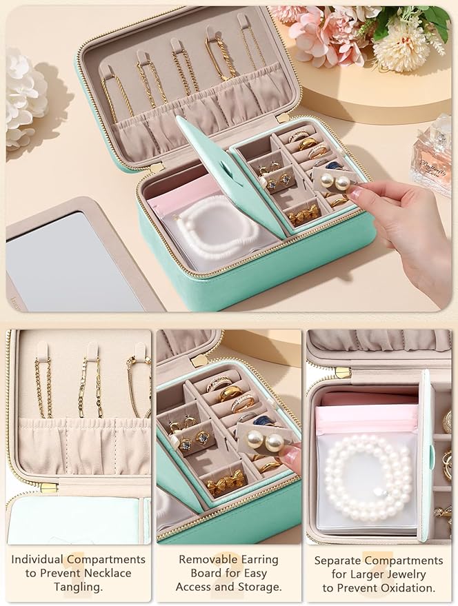 Velvet Travel Jewelry Box with Large Mirror, Double-Layer Jewelry Organizer Case for Women and Girls, Portable Storage Case w