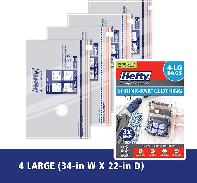 Hefty Shrink-Pak - 4 Large Vacuum Storage Bags for Clothes, Pillows, Towels, or Blankets - Space Saver Vacuum Sealer Bags Ide