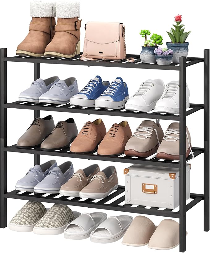 viewcare 4-Tier Black Bamboo Shoe Rack for Entryway, Stackable | Foldable | Natural, Shoe Organizer for Hallway Closet, Free 