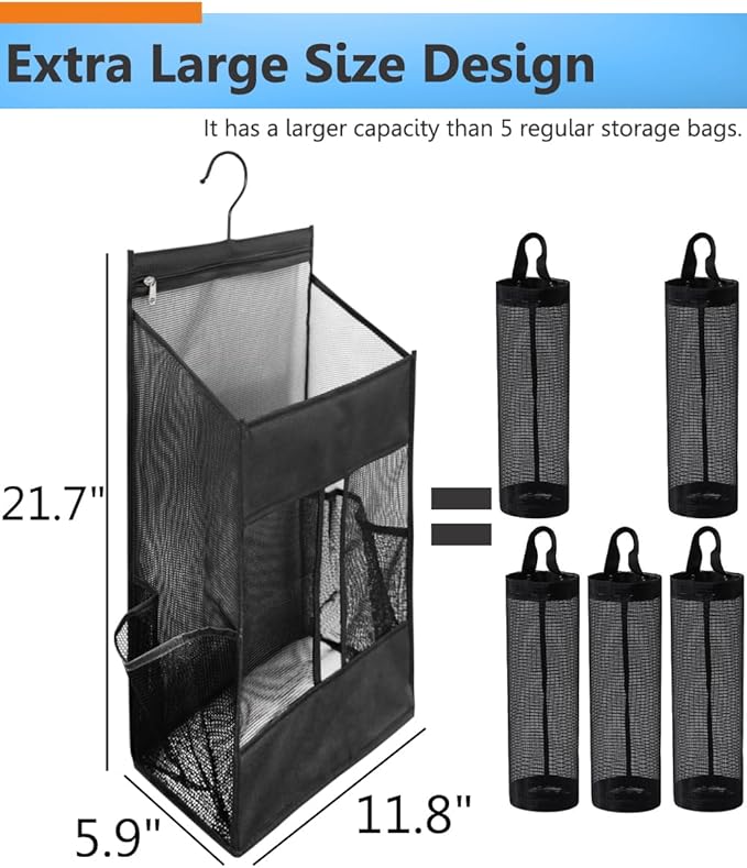 ALYER Hanging Plastic Grocery Bag Holder and Dispenser,Mesh Over the Cabinet Door Organizer with Easy-Access Openings for Kitchen Towel,Bras,Laundry,Installation Free(Black, 21.7"H * 11.8"W * 5.9"D)