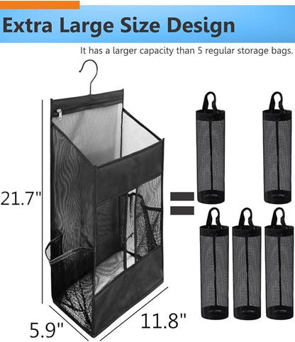 ALYER Hanging Plastic Grocery Bag Holder and Dispenser,Mesh Over the Cabinet Door Organizer with Easy-Access Openings for Kitchen Towel,Bras,Laundry,Installation Free(Black, 21.7"H * 11.8"W * 5.9"D)