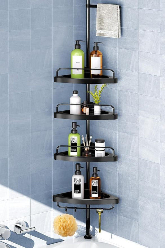 HAMITOR Corner Shower Caddy Tension Pole: Adjustable Stainless Steel Shower Organizer 4 Tier Shelf for Bathroom Bathtub Shamp