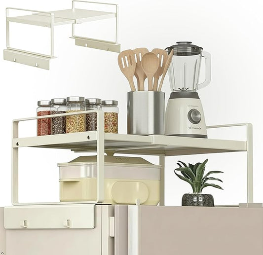 Adjustable Fridge Top Storage Rack,12.4"-23.62" Expandable Organizer Shelf, Anti-Slip,L-Shaped Design,Space Saver for Kitchen