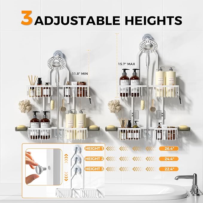 REINHARDT Aluminum Shower Caddy Hanging Adjustable Shower Caddy, Rustproof Hanging Shower Organizer with Hooks Soap Holders, 