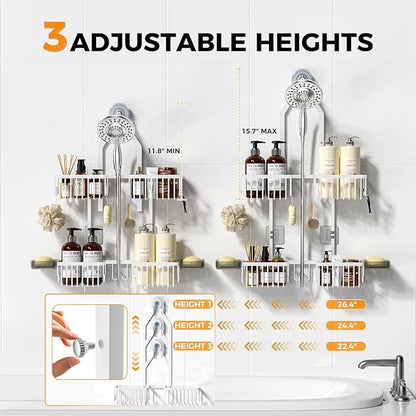 REINHARDT Aluminum Shower Caddy Hanging Adjustable Shower Caddy, Rustproof Hanging Shower Organizer with Hooks Soap Holders, 