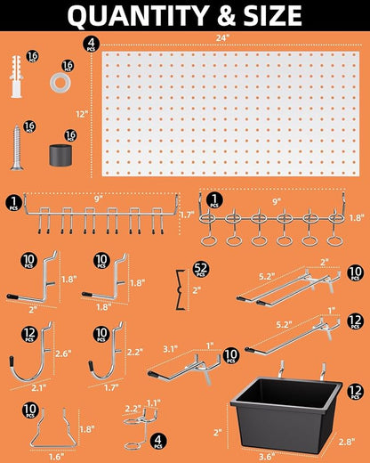 INCLY 158PCS Metal Pegboard Wall Organizer, 48x24 Inch White Pegboard Panels Tool Organizer Kit with Accessories Hooks and Bi