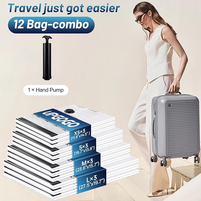 UPGOGO Travel Vacuum Bags for Luggage with Hand Pump,Vacuum Seal Bags for Clothing,Packing Cubes Compression,Cruise Ship and 