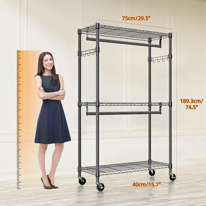 M MZG Heavy Duty Rolling Garment Rack 3 Tiers Adjustable Wire Shelving Clothes Rack with 2 Rods and Side Hooks,Storage Closet