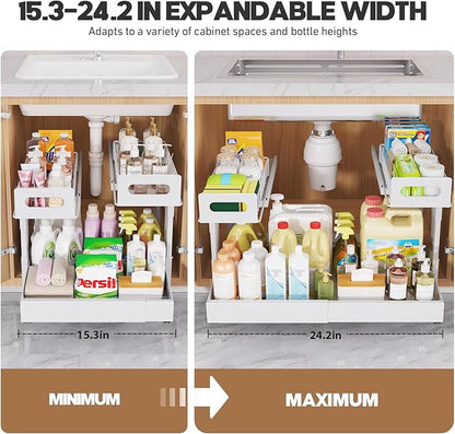 1 Pack Expandable Under Sink Organizers And Storage With Upgrade Ball-Bearing Slide Tracks,2-Tier Pull Out Under Cabinet Orga