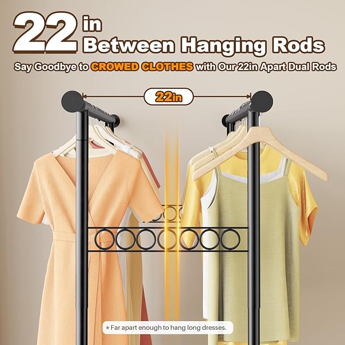 HOKEEPER Clothes Rack Heavy Duty Clothing Rack Load 650 LBS Collapsible Garment Rack with Wheels Double Rod Coat Rack for Han