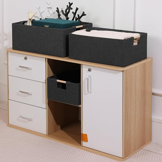 ANMINY 4PCS Storage Bins Set Large Foldable Cotton Linen Fabric Storage Baskets Box with Wood Handles Decorative Shelf Cube C