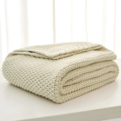 Chunky Cable Knit Throw Blanket Lightweight Cream 100% Organic Cotton Blanket for Sofa Couch Bed Baby Nursery, Rustic Shabby 