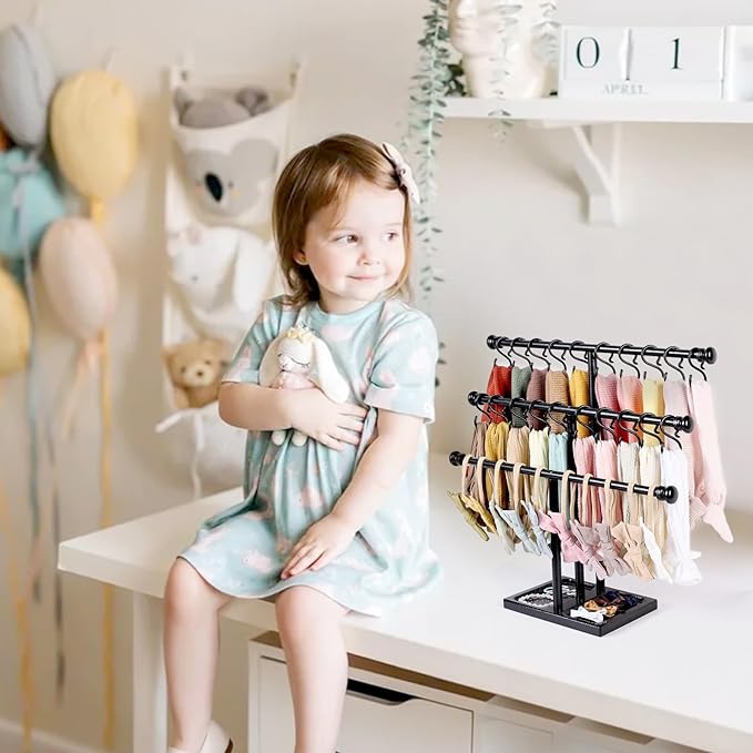 POVETIRE Headband Holder Stand Storage for Baby, 3 Tier Wooden Bow Organizer for Girls Hair Bows, Infant Hair Accessories Rac