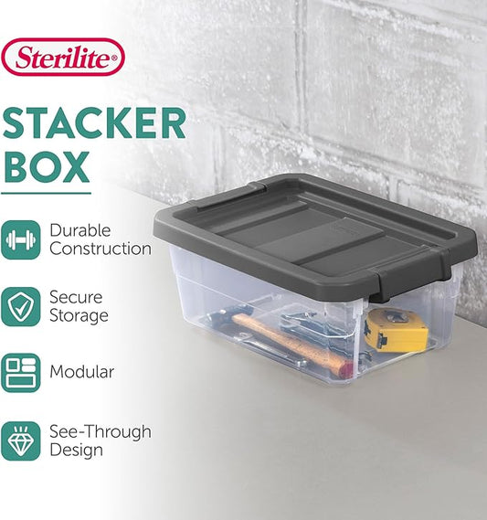 Sterilite 24-Pack Modular Stacker Box, Durable Clear Plastic Storage Bins with Latching Lids, 16 Quart - Stackable Organizing