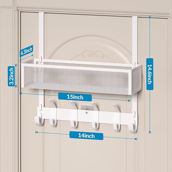 Over The Door Hooks Organizer, Over The Door Towel Rack with Mesh Basket, 10 Coat Hooks and 2 Wreath Hangers, Bathroom Door O