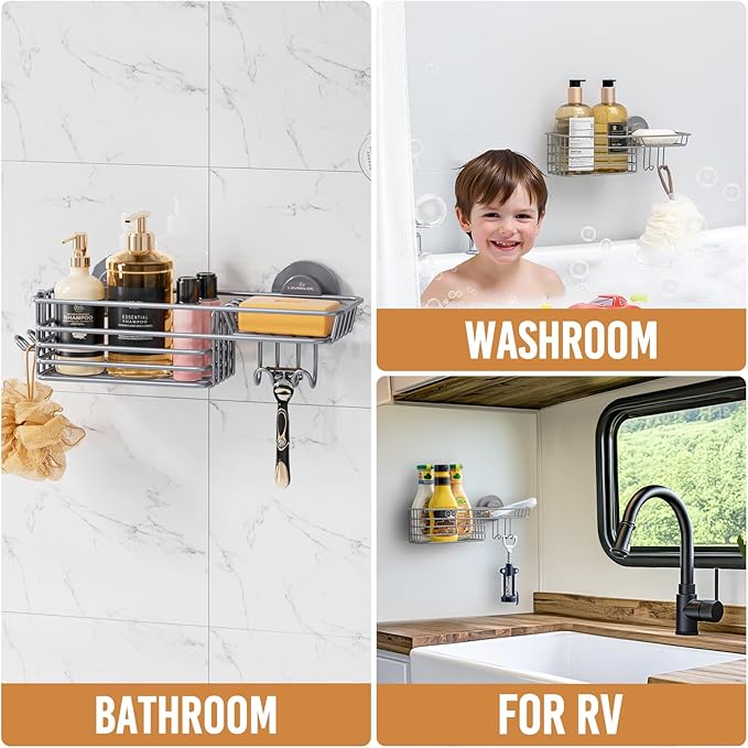 LEVERLOC Shower Caddy Suction Cup, Heavy Duty Bathroom Organizer for Inside Shower with Hooks & Soap Holder， NO-Drilling Bath
