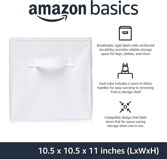 Amazon Basics Collapsible Fabric Storage Cubes Organizer with Handles, Sturdy Storage Bins, White, 10.5-x-10.5-x-11-inch, 6-P