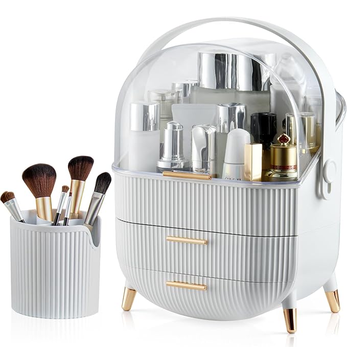 CANITORON Makeup Organizer,Skincare Organizer with 2 Drawers and Brush Storage Box,Cosmetic Display Case for Vanity Organizer