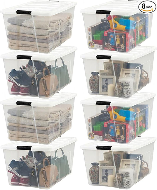 IRIS USA 94 Qt Stackable Plastic Storage Bins with Lids, 8 Pack - BPA-Free, Made in USA - See-Through Organizing Solution, La