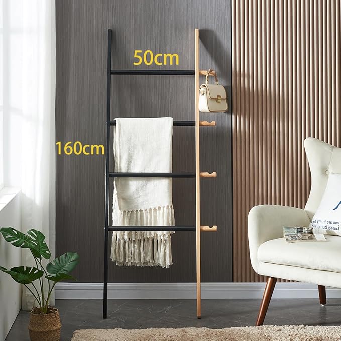 5-Tier Blanket Ladder Wooden, Multifunctional Ladder Stand, Rustic Farmhouse Ladder Shelf for Living Room Bedroom Bathroom Ho