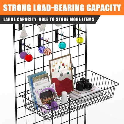 23.6" L x 11.8" D x 3.9" H - 6 pcs Black Wire Baskets for GridWall and SlatWall - Merchandiser Baskets,Grid wall Shelves Hang