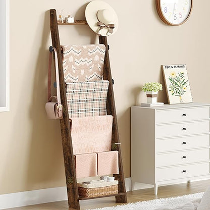 Hzuaneri Blanket Ladder for Living Room, Decorative Quilt Rack with 4 Removable Hooks, 6-Tier Blanket Ladder Shelf for Bedroo