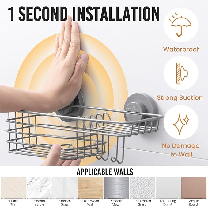 LEVERLOC Shower Caddy Suction Cup, Heavy Duty Bathroom Organizer for Inside Shower with Hooks & Soap Holder， NO-Drilling Bath
