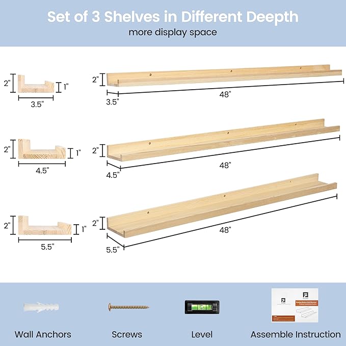 Picture Ledge Shelf for Wall, 48 inches Solid Pine Wood Nursery Book Shelves 3 Packs, Floating Ledge Shelves for Kids' Room B