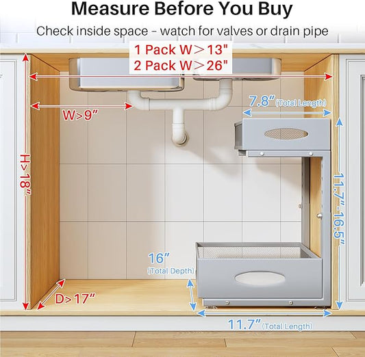 Under Sink Organizer, 2 Tier Pull Out Under Cabinet Organizer Shelf with Pad for Framed Cabinets, Metal Slide Out Under Sink 